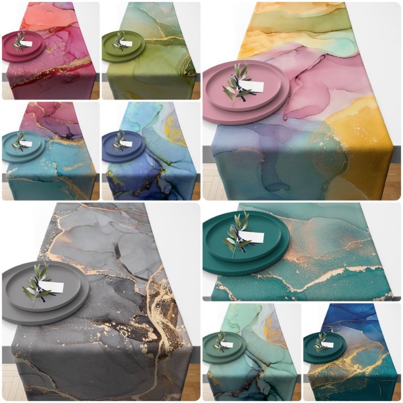 TABLE RUNNER TAPLAK MEJA MOTIF MARBLE GEMSTONE GOLD 140X40 DAN 230X40 CM