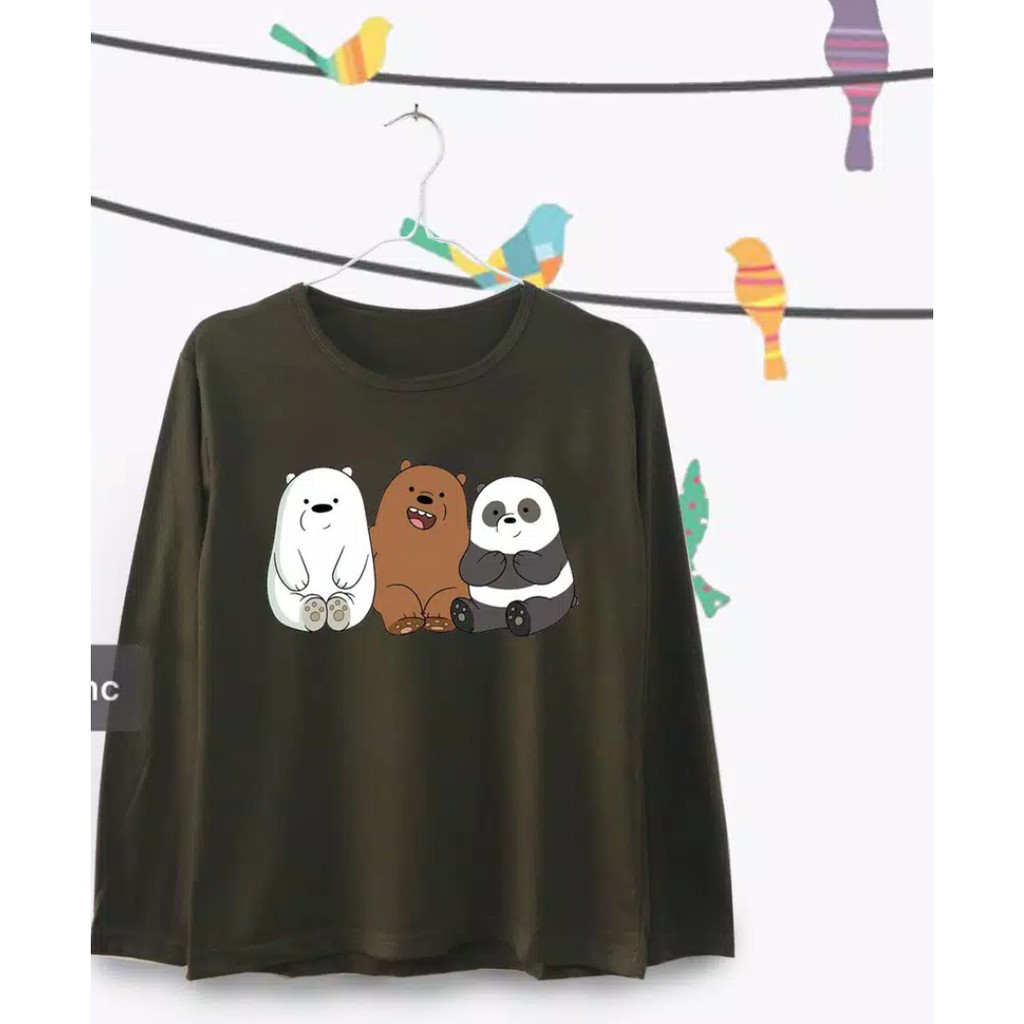 Kaos Wanita Lengan Panjang Bare Bears Warna Hijau Army