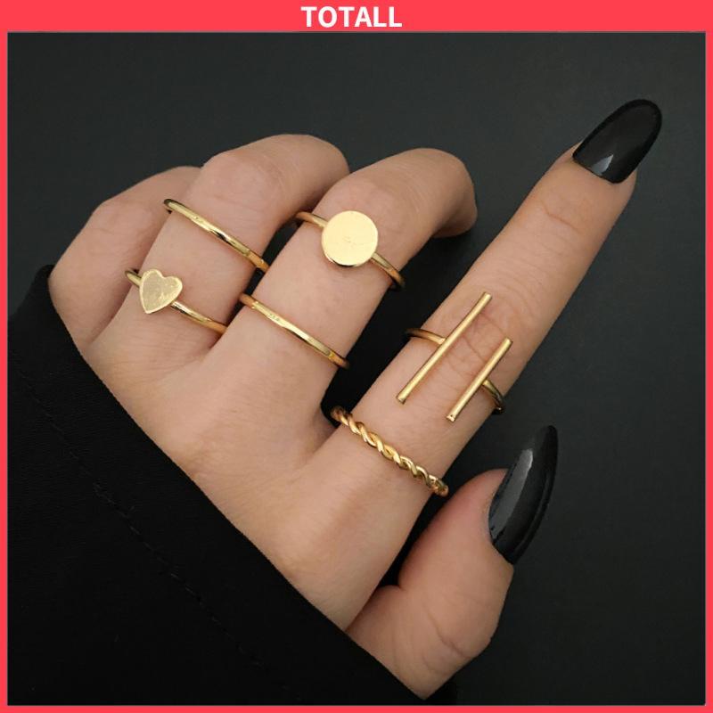 COD 6 pcs Retro Cincin Cinta Kreatif Gaya Keren Paduan Geometris Bersama Cincin Set-Totall