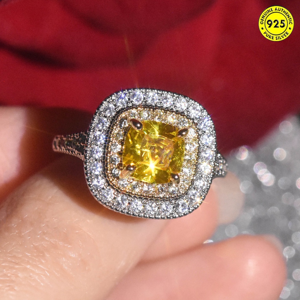 Cincin Berlian Kuning Bentuk Kotak Bahan S925 Silver