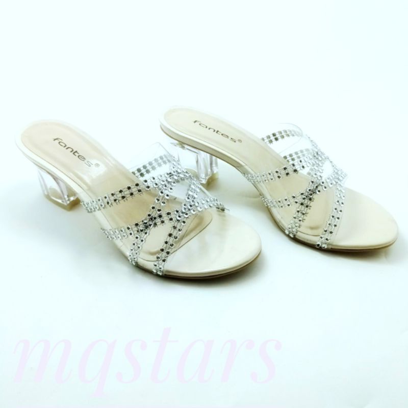 Mqstars-HIGH HEEL WANITA KACA TALI PERMATA/Sandal Heels Hak Kaca 5 cm