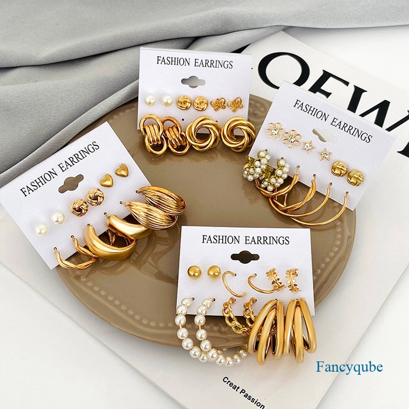 6 Pasang / Set Anting Hoop Desain Hati Butterfly Lingkaran Besar Aksen Mutiara Untuk Wanita