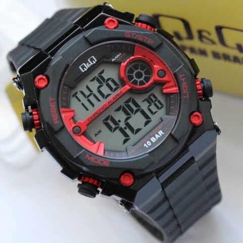 Jam Tangan Pria Hitam Merah Qq M127 Original Bergaransi Rubber Strap Water resist