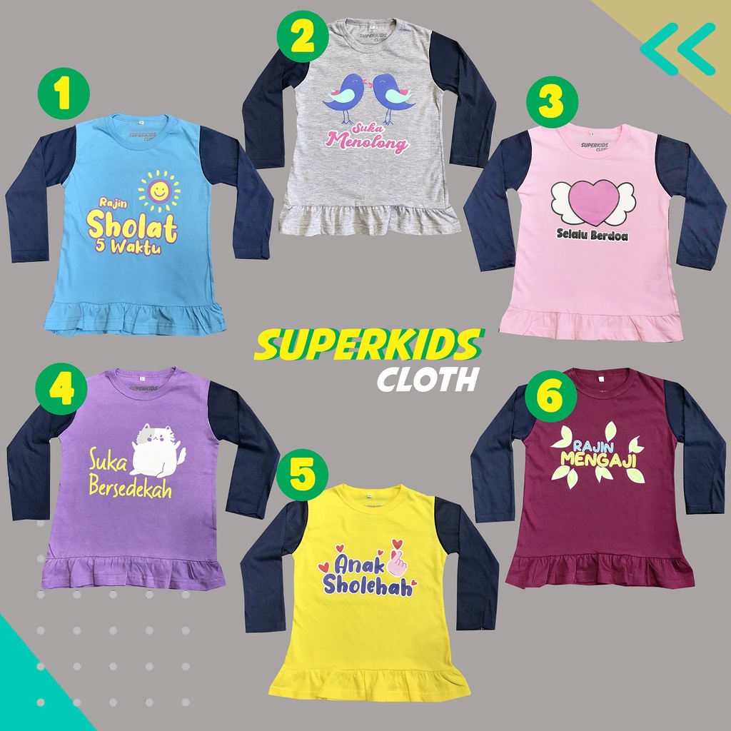 BAJU ANAK PEREMPUAN VARIASI RAMPEL BAWAH MOTIF LUCU SHOLEHAH WARNA TERBARU | PAKAIAN ANAK CEWEK | KAOS ANAK PEREMPUAN LENGAN PANJANG ANAK SHOLEHAH MUSLIMAH ECER GROSIR MURAH VIRAL TERLARIS SUPERKSIDCLOTH UMUR 1 2 3 4 5 6 7 8 9 10 11 TAHUN