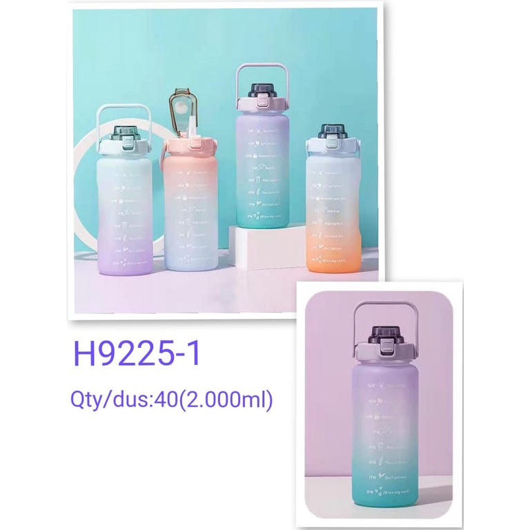 H9225-1 Botol Minum Motivasi dengan Penanda Waktu Kapasitas Besar 2 LITER / 2000 ML