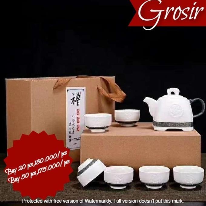 Teko + 6 cangkir teh keramik gelas putih chinese tea set teapot cup