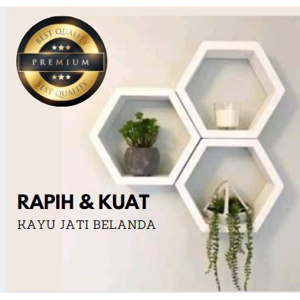 Rak Hexagonal Kayu Jati Belanda Dekorasi Ruangan Tempel Dinding