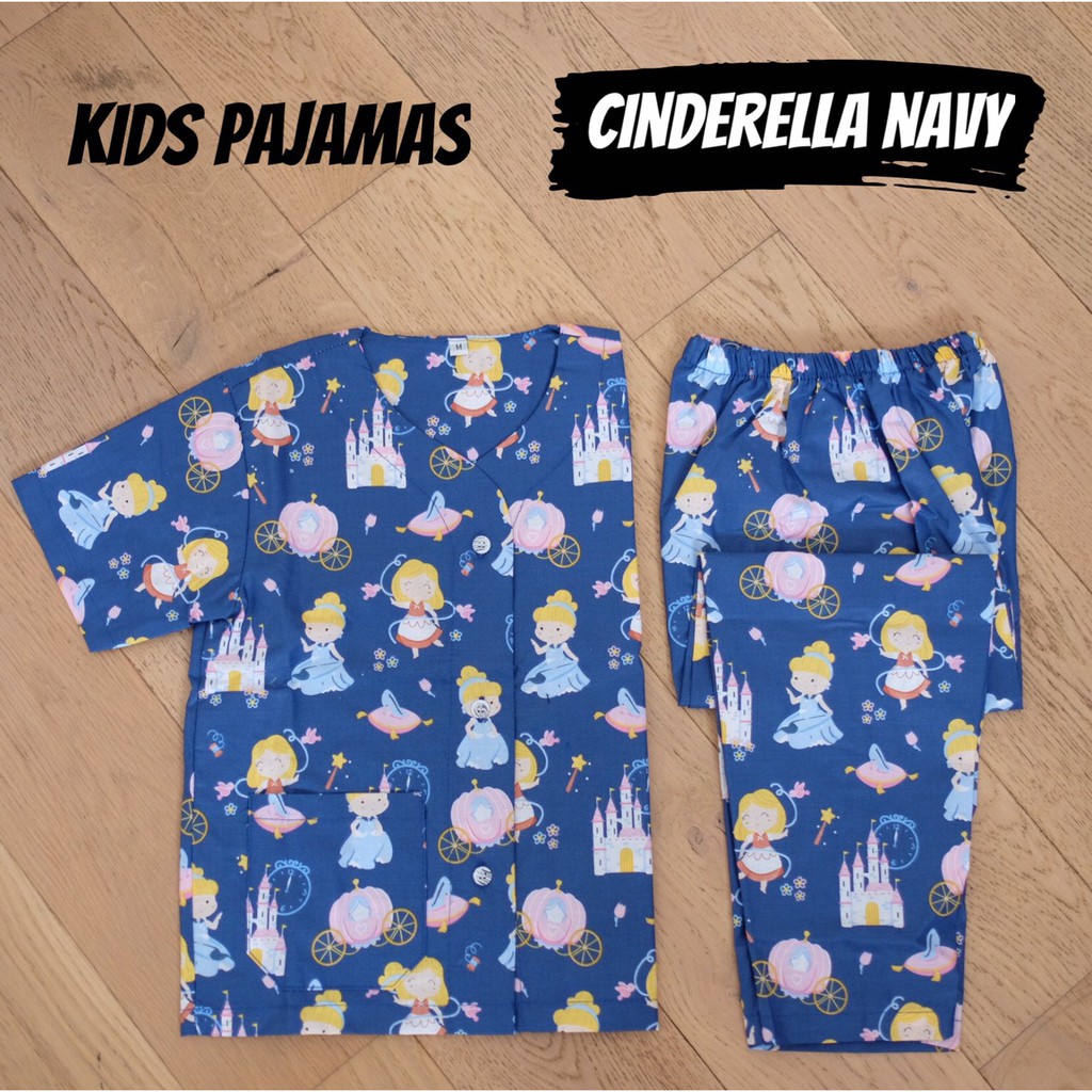  Piyama Anak CowoK  Cewek Motif KIDS Cinderella Navy Lucu 