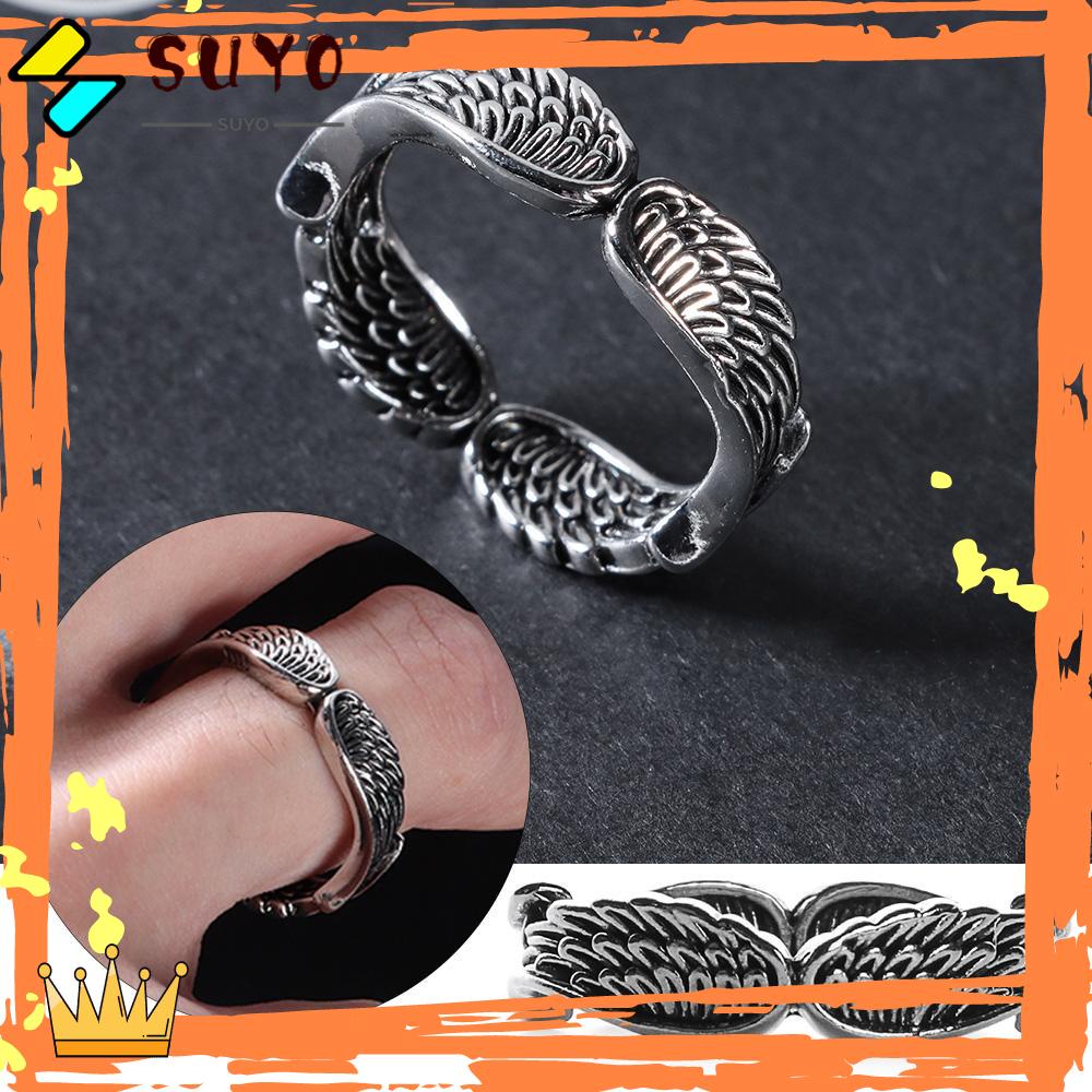 Cincin Bentuk Sayap Malaikat Warna Silver Gaya Vintage Untuk Pria Dan Wanita