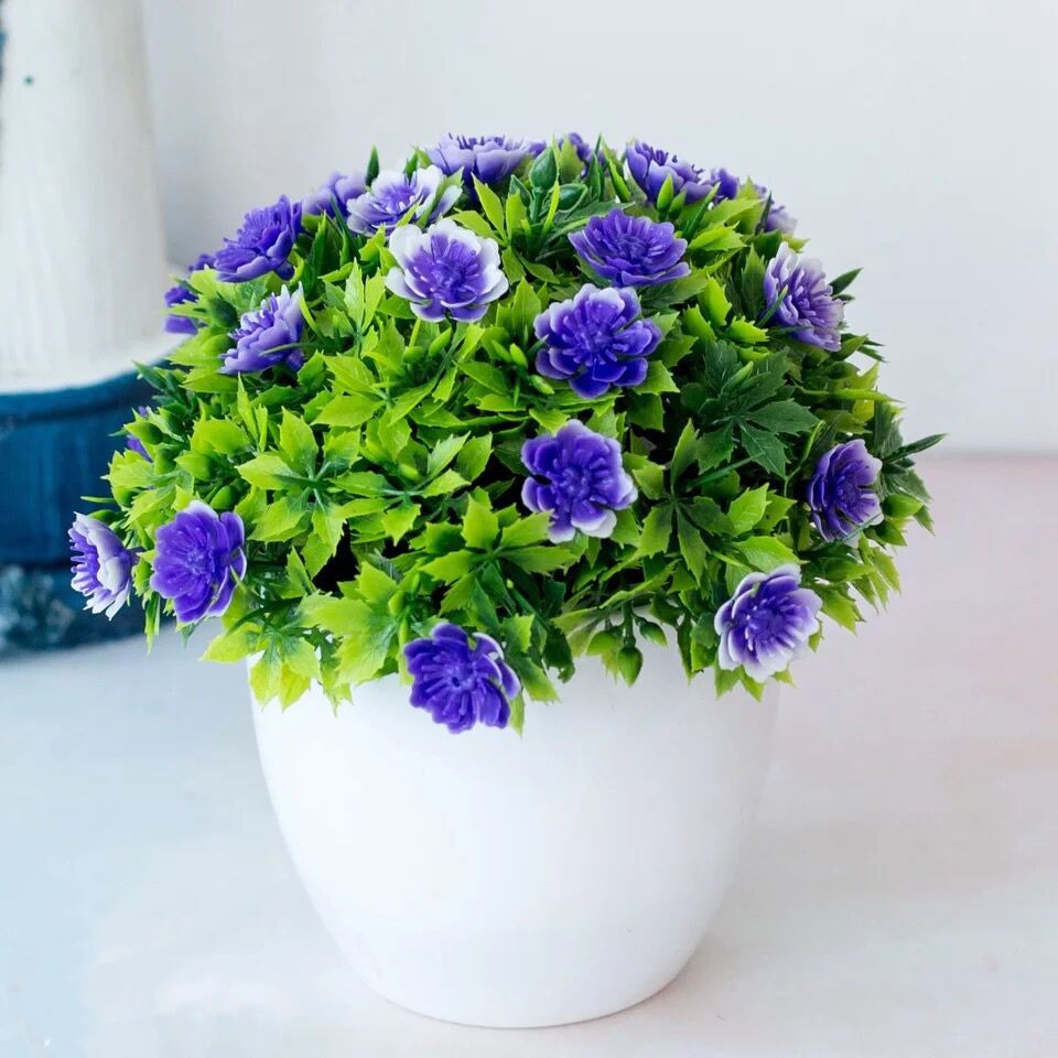 AM561 Bunga Plastik / Pajangan Bunga Artifisial / Vas Bulat-Biru