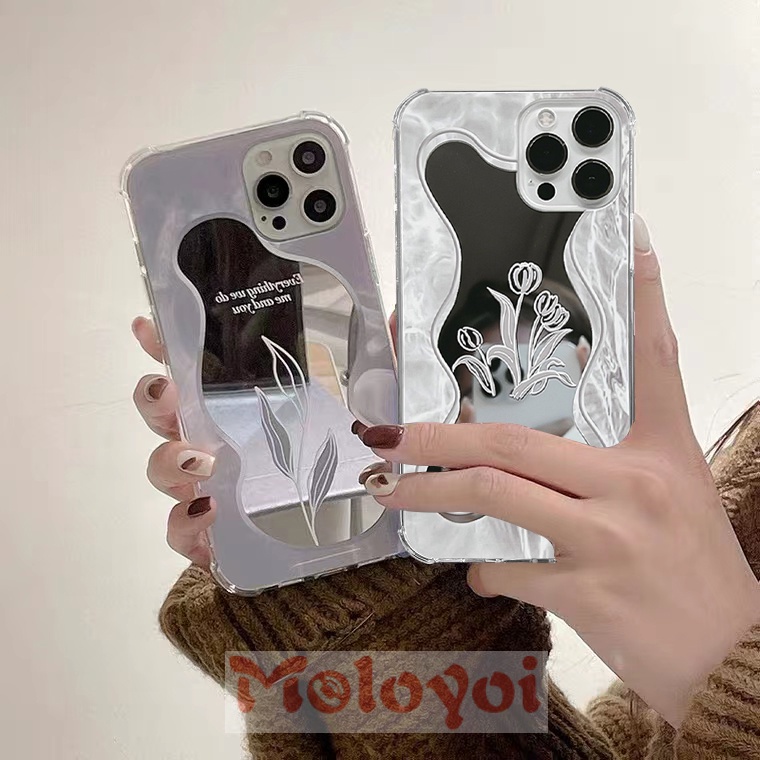 Soft Case TPU Transparan Motif Bunga + Daun + Cermin Makeup Untuk IPhone 13 12 11 Pro Max XR X 7 8 Plus XS Max SE 2020