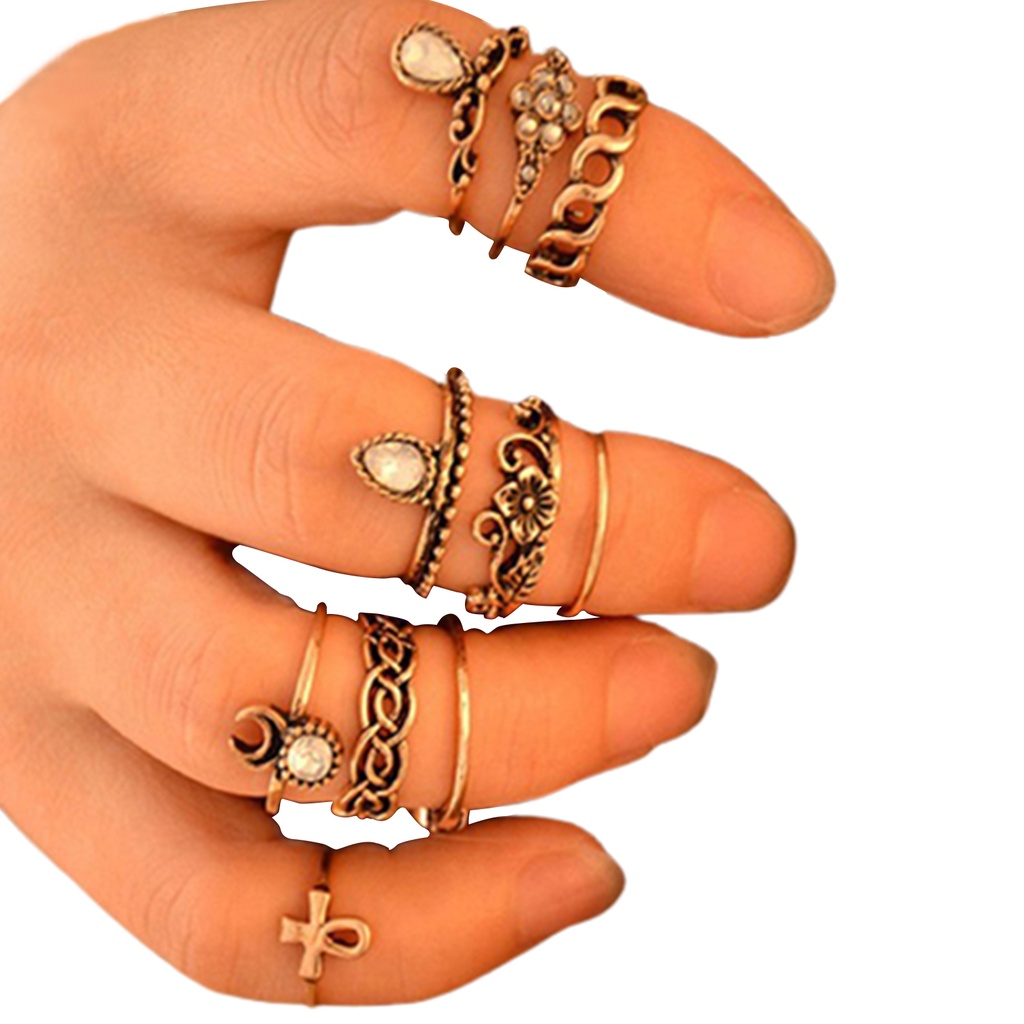 Hu Hu Hu Hu Hu Alat Bantu Pasang Kacamata♡ 10pcs / Set Cincin Knuckle Vintage Desain Bunga Hollow Anti Karat Untuk Wanita