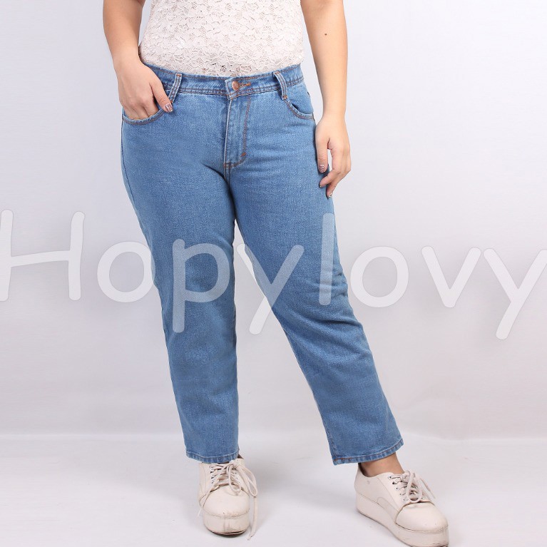 HOPYLOVY - Celana Wanita Plain Boyfriend Jeans UKURAN JUMBO (SIZE 31 - 36)