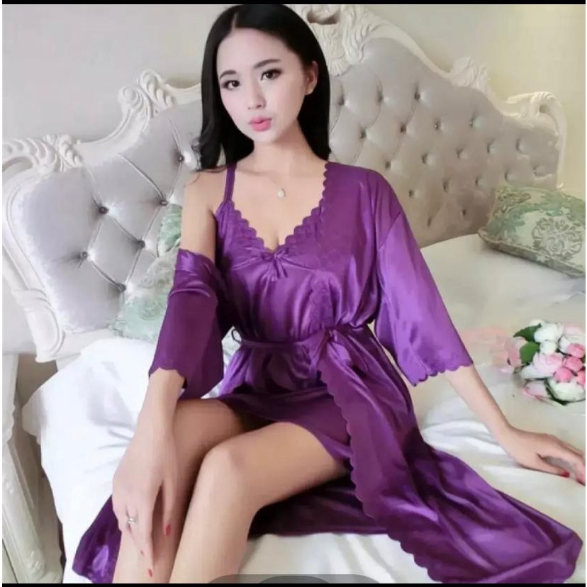 BAJU TIDUR KIMONO LINGGERIE SEXI 2IN1 JUMBO SATIN IMPORT