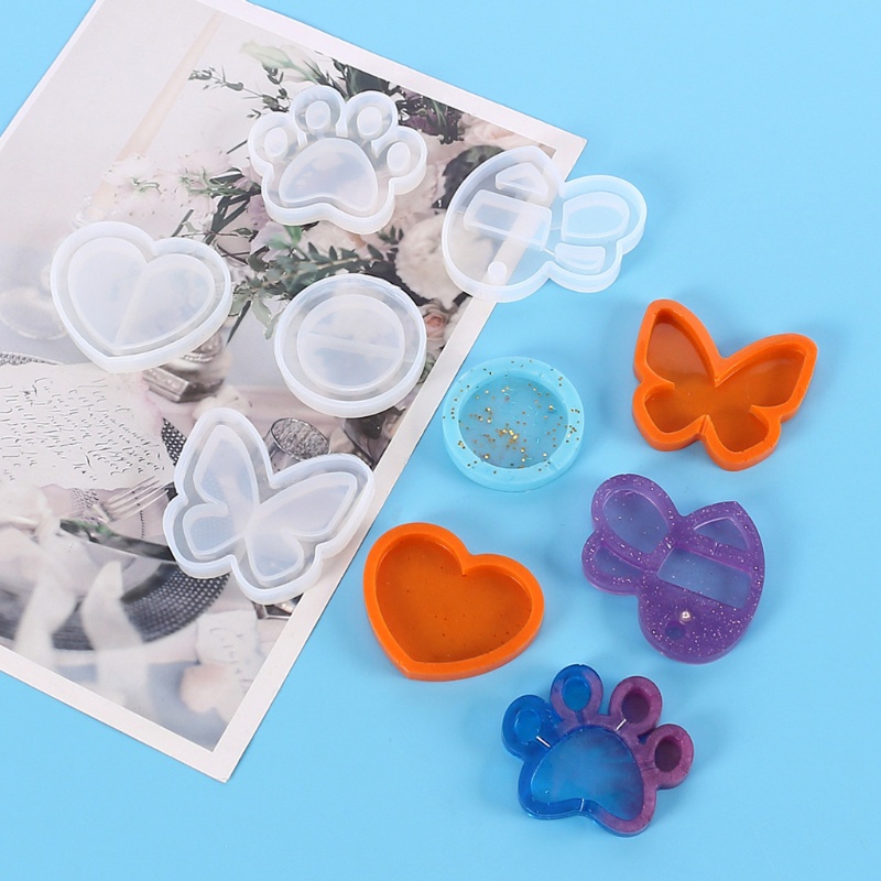 SIY  5 Styles Resin Shaker Molds Set Bee Round Heart Cat's Paw Butterfly Epoxy Quicksand Silicone Keychain Pendant Molds Kit