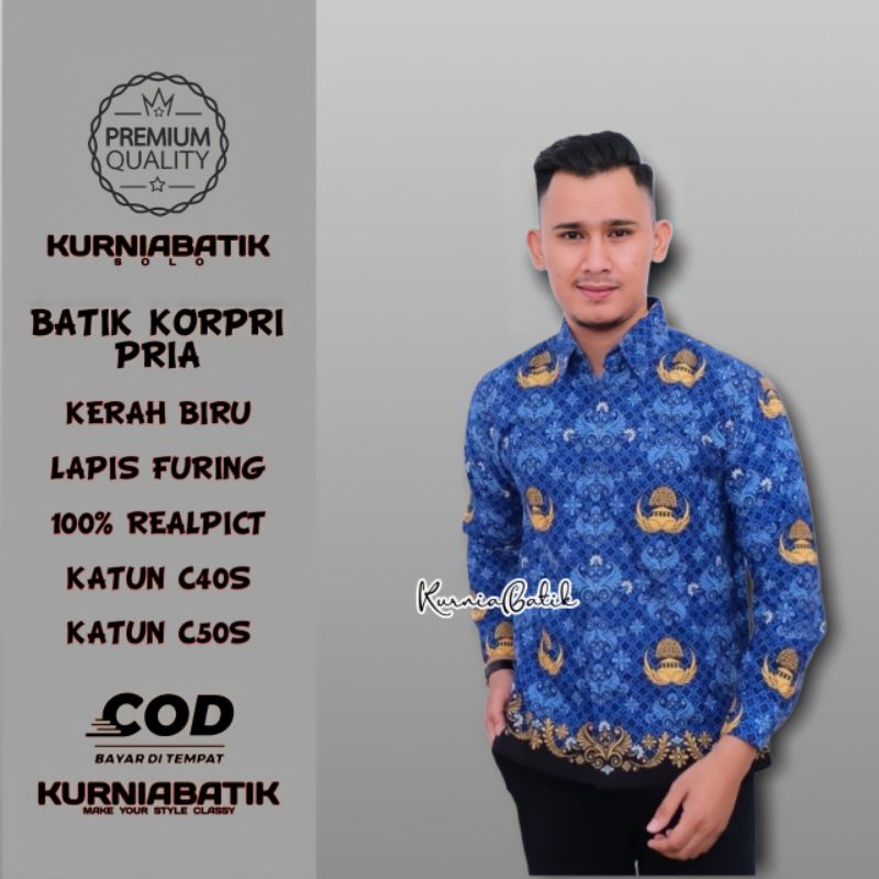 Baju Batik Korpri Pria Terbaru  Kerah Biru Kemeja Korpri Cowok Lapis Furing Bahan Katun C50s Seragam