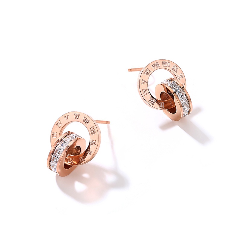 Anting Tusuk Retro Angka Romawi Bahan Titanium Steel Hias Zircon Untuk Wanita