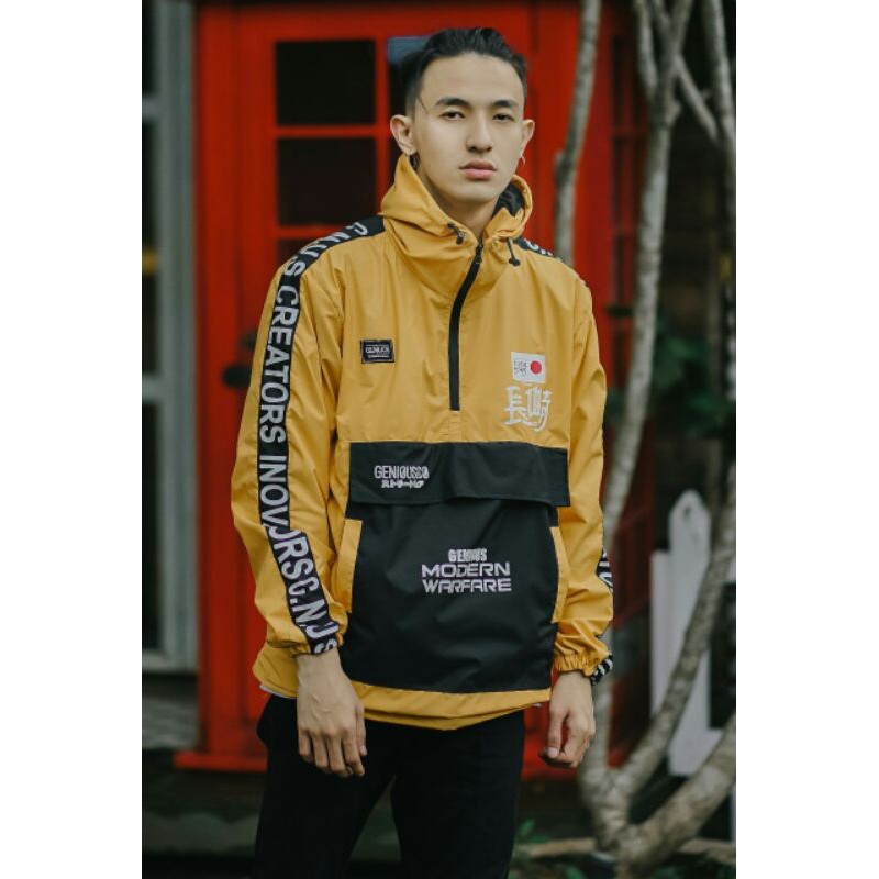 GENIOUS Jaket Cougle Waterpoof Jaket Parasut Pria Kuning Kombi Hitam