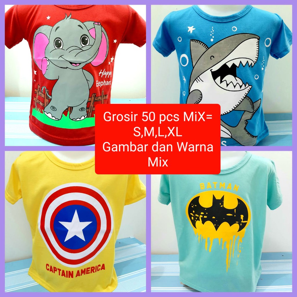 Grosir  6 bulan-4 thun MIX kaos anak laki laki ( 50 pcs =1 klik) pakaian atasan baju cowok random gambar campur pakaian