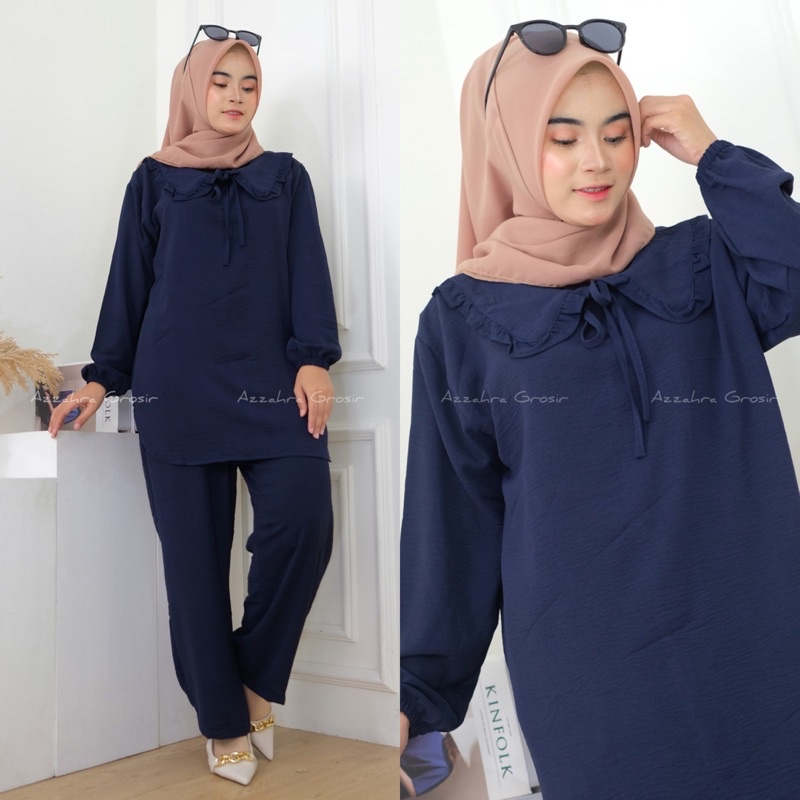 Azzahra Yuki Set Ld112 - SetCel Crinkle Jumbo Bigsize Oversize Kerah Pita tali One Set Setelan Wanita / 358-6889