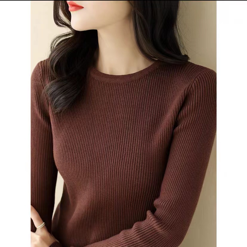 【Elegant】Knit Long Sleeve Round Neck Stretch Slim Shirt Sweater 7421