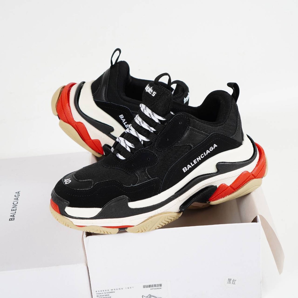 SEPATU BALENCIAGA TRIPLE S BLACK WHITE RED PREMIUM MADE IN ITALY MURAH CEWEK COWOK SNEAKERS CASUAL G