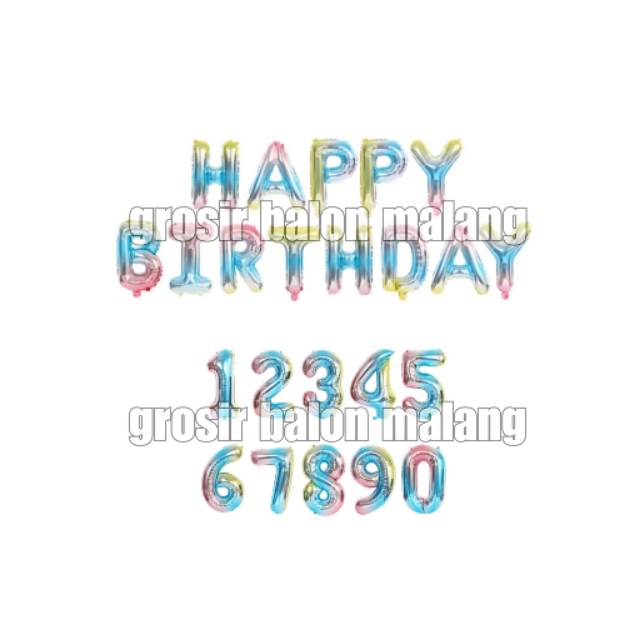 Balon Foil Huruf Angka Alfabeth Rainbow Gradient 40cm