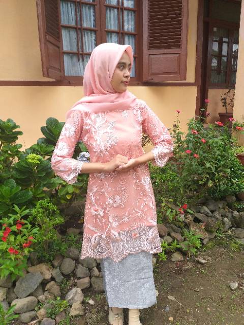 Baju kurung tulle bordir 3D peach