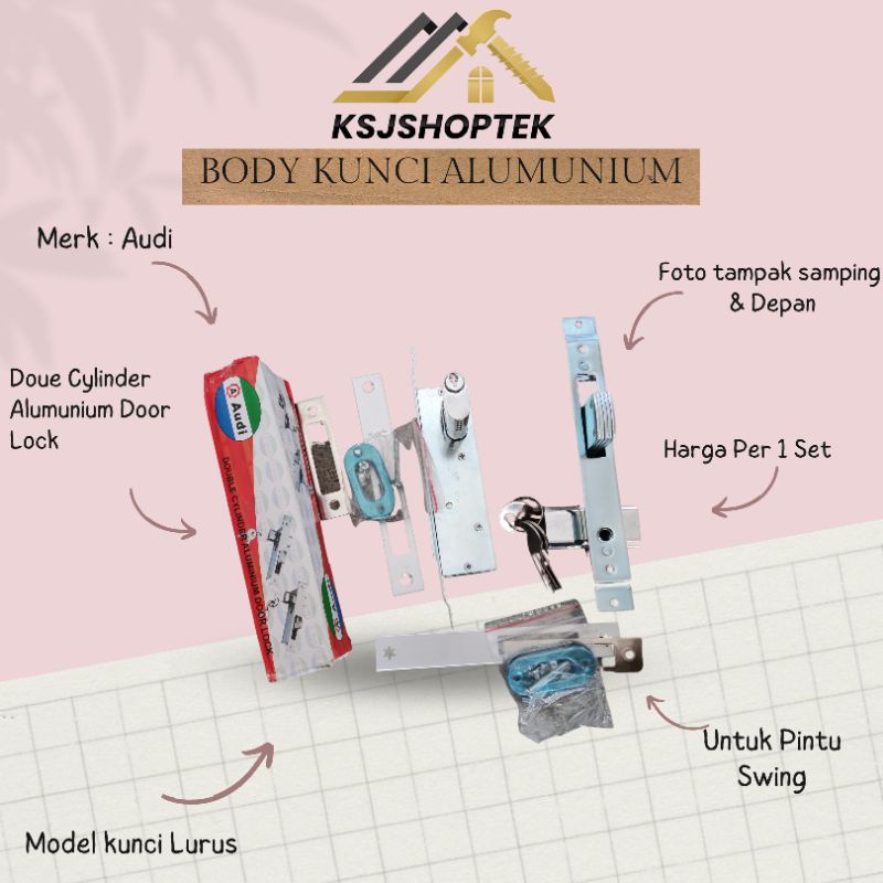 Body Kunci Pintu Alumunium Audi Model Lurus Kunci Pintu Sliding