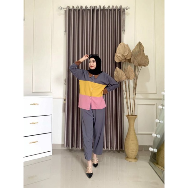 One Set Wanita  Rainbow Rayon Premium Setelan Wanita Lengan Panjang Set Celana Panjang Kekinian LD 110 cm