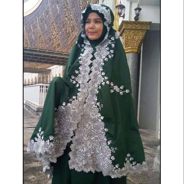 Mukena maharani bordir khas padang pariaman hijau botol silver