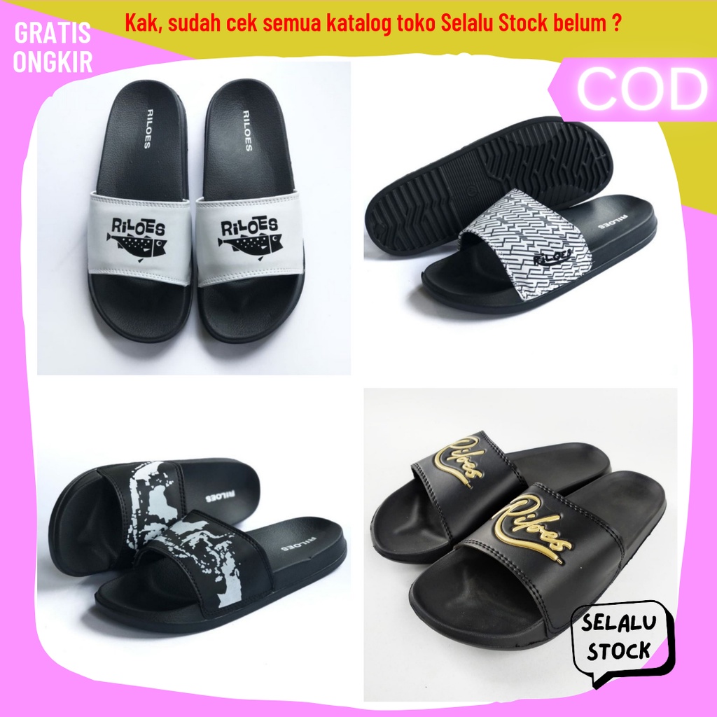 Sandal Sendal Slop Selop Pria Cowok Original Riloes Distro Hitam Putih Rumah Terbaru Kekinian