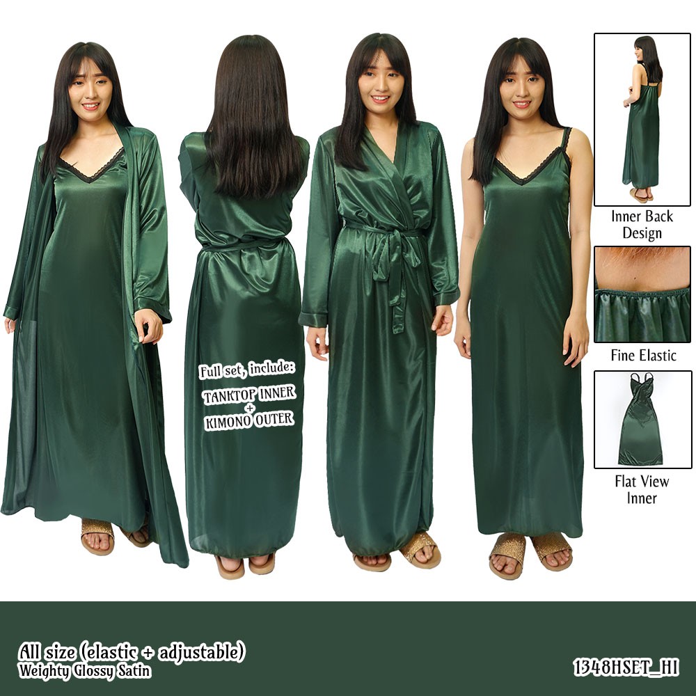 Lingerie kimono set panjang baju tidur wanita hijau all size_stylishunderwear_bandung