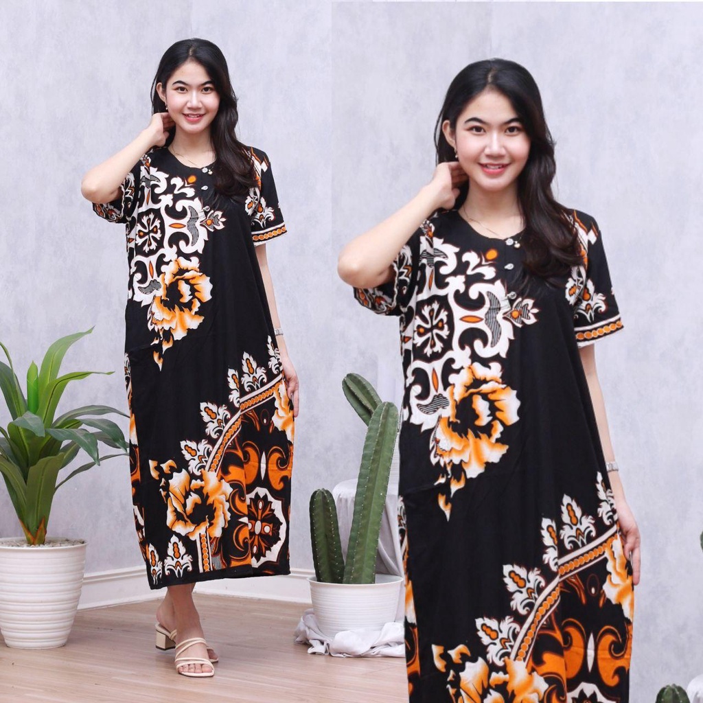 Daster Batik Lengan Pendek - Motif Daun - Leher Kancing (DPT001-133) Batik Prass-STELLA KUNING