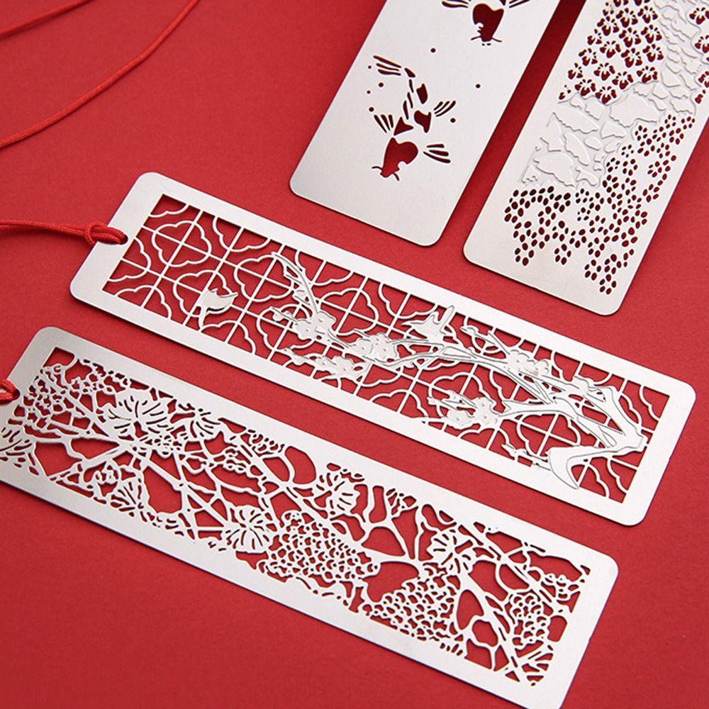 [Elegan] Logam Bookmark Stainless Steel Perlengkapan Sekolah Halaman Pemegang Perlengkapan Belajar Gaya Retro Cina Berongga Label Halaman Simpul Merah