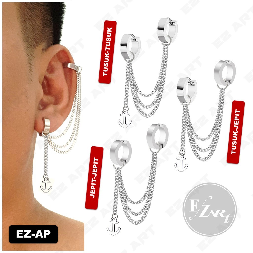 1Pc Model EZ-AP Triple Rantai Silver Anting Pria Cowok - Wanita Cewek Jepit Tusuk KPOP Punk Jangkar