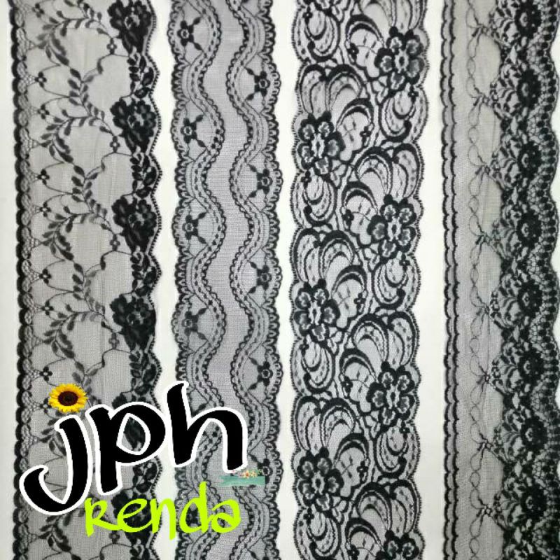 Renda air hitam lebar 7cm, renda tile, renda tulle (per roll 15yard)