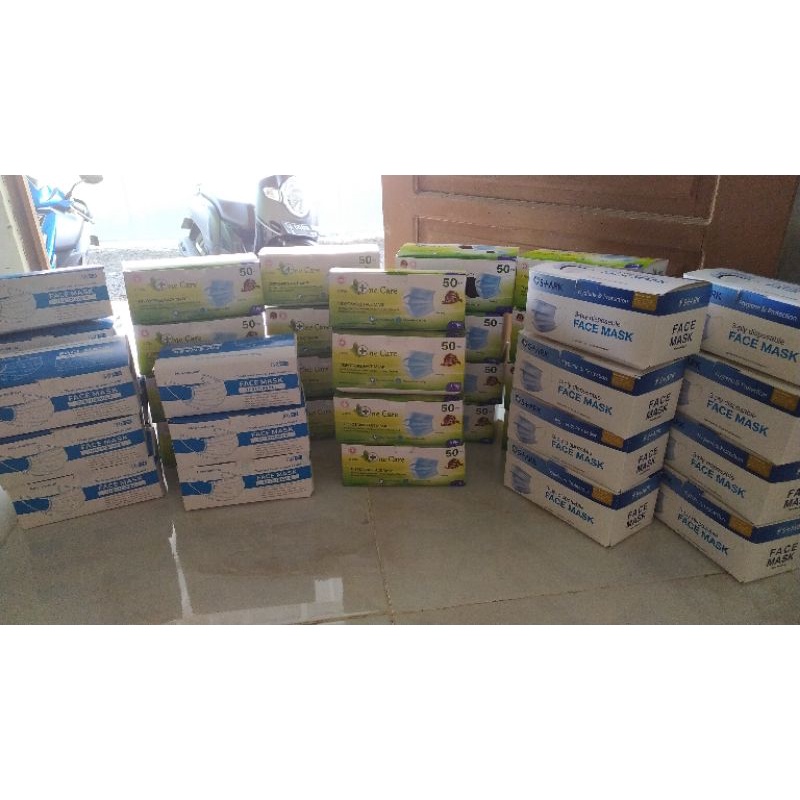 MASKER EARLOOP  3 PLY DISPOSABLE WARNA BIRU ISI ± 50 PCS PER BOX MURAH BANJARMASIN