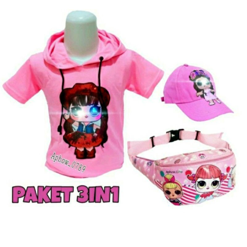 Paket 3IN1 Hoodie paket hemat Murah anak  karakter LOL waistbag dan topi LED(nyala)