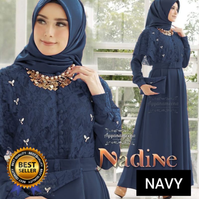 Nadine Dress M-XXL Gamis Baju Wanita Remaja Jumbo Pesta Kondangan Brukat Terbaru Terlaris  2021-Navy