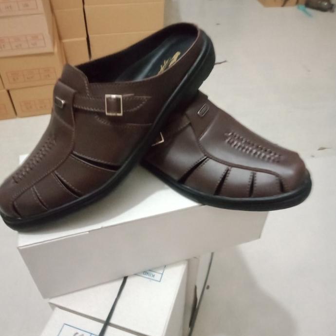 sepatu selop pria kulit sentetis sendal bustong laki laki coklat 39