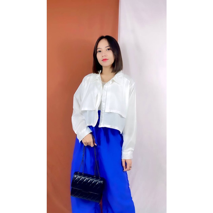 Tq88indonesia Fashion Kemeja Wanita Lengan panjang Terbaru / Anne Crop Shirt / Kem / Hem Polos / Busana Casual Wanita / Ootd / Outfit Kasual Kekinian