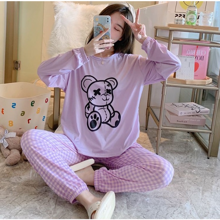 AJW Shop Setelan Wanita Import Joger | Setelan Baju Tidur Wanita | Piyama Wanita-Freedom Bear Ungu