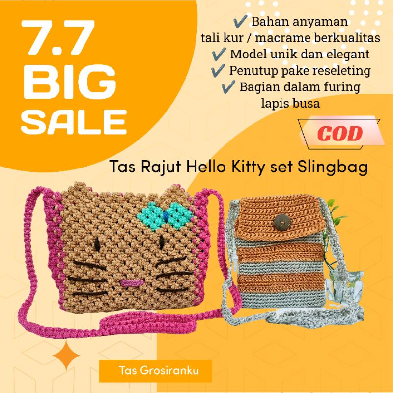 Tas Rajut Selempang Wanita Bahan Tali Kur Motif Hello Kitty Untuk Anak Remaja dan Dewasa Model terba