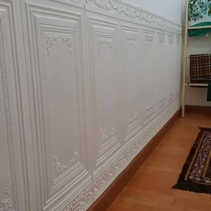 Diskon Baru  wallpaper foam premium 3D permukaan timbul motif panel jati ukir putih