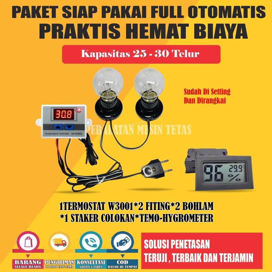 Paket Siap Pakai W3001 Kapasitas 20 Sampai 100 Butir Telur  Termostat Thermo-Hygrometer Termometer Gea Mesin Tetas