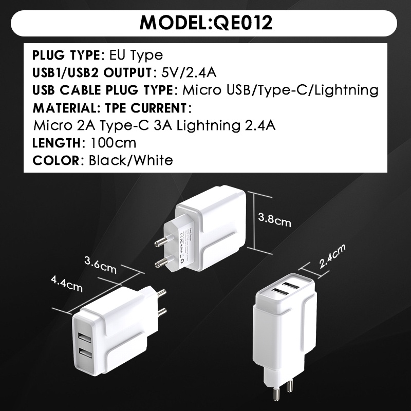 【Murah+COD】CORN QE012 2.4A Dual USB Charger Travel Adaptor Kabel 3A untuk Samsung Iphone vivo