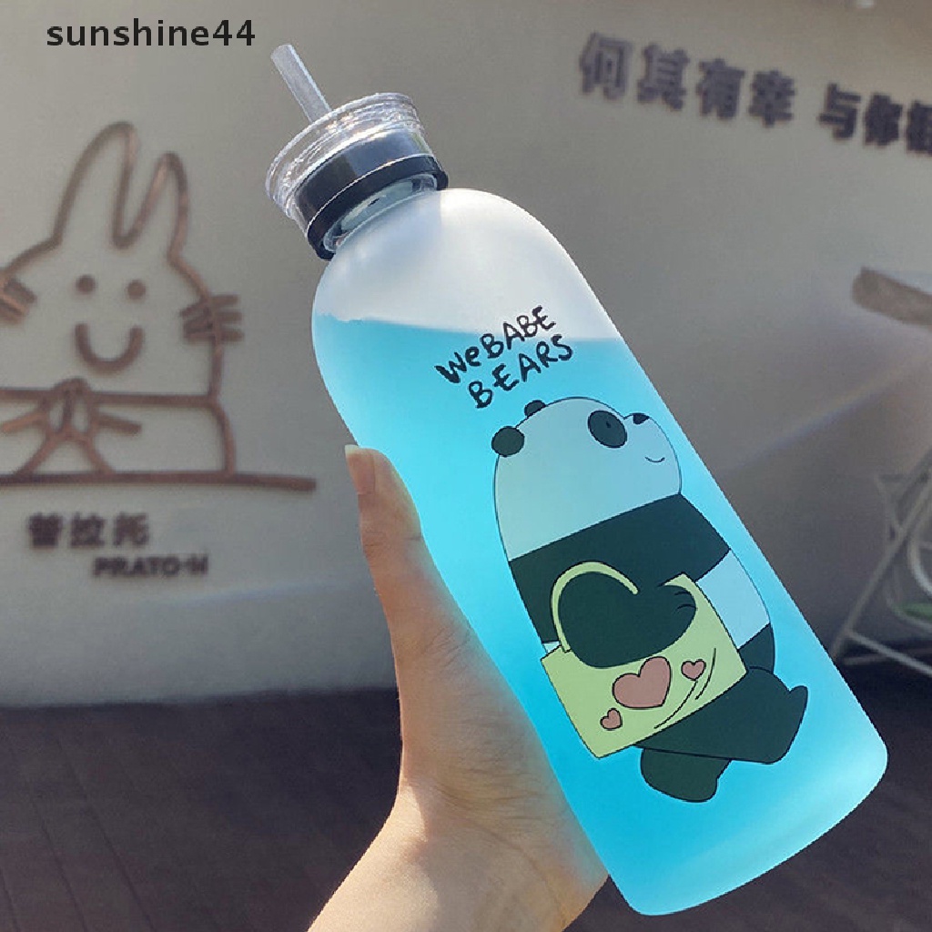 Sunshine Botol Minum 1000ml Transparan Motif Panda / Beruang Kartun Dengan Sedotan Anti Bocor