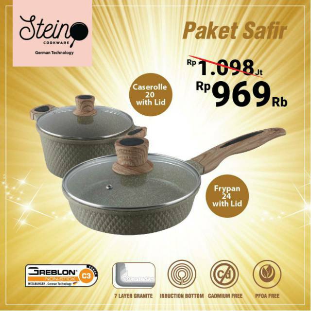 Steincookware stein diamond granite caserolle panci tutup kaca kompor induksi gas greblon RUBY SAFIR