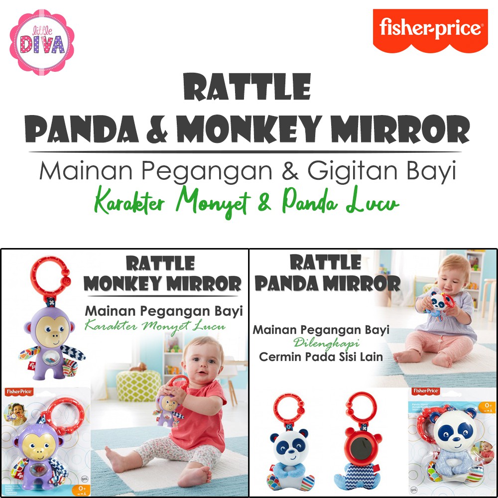 Mainan Bayi Pegangan Cermin FISHER PRICE RATTLE PANDA &amp; MONKEY MIRROR - Mainan Pegangan Bayi Cermin Karakter Panda &amp; Monyet Lucu